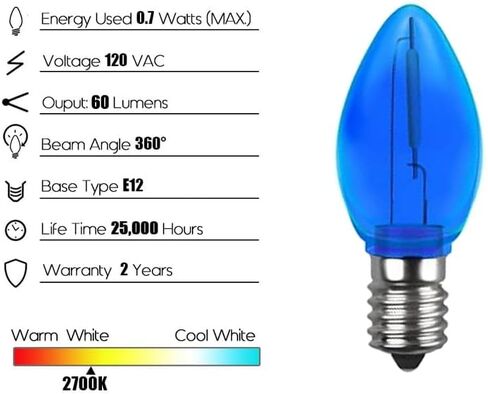 5 Pack C7 Yellow LED Replacement Christmas Light Bulbs,E12 Candelabra Base, Shatterproof Plastic, for Christmas Outdoor String Lights (Yellow) in Saudi Arabia