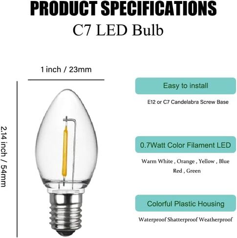 5 عبوات من مصابيح LED البديلة لعيد الميلاد باللون الأصفر C7، قاعدة شمعدان E12، بلاستيك مقاوم للكسر، لأضواء عيد الميلاد الخارجية (أصفر) in Saudi Arabia