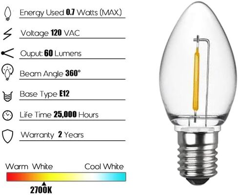 5 عبوات من مصابيح LED البديلة لعيد الميلاد باللون الأصفر C7، قاعدة شمعدان E12، بلاستيك مقاوم للكسر، لأضواء عيد الميلاد الخارجية (أصفر) in Saudi Arabia
