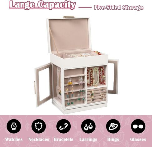 STYLIFING Large Jewelry Box 360°Rotating, Jewelry Organizer Box with 4 Drawers, Jewelry Boxes for Women, Jewelry Organizers and Storage with Glass Window for Necklace, Earrings, Rings Storage, Black in Saudi Arabia