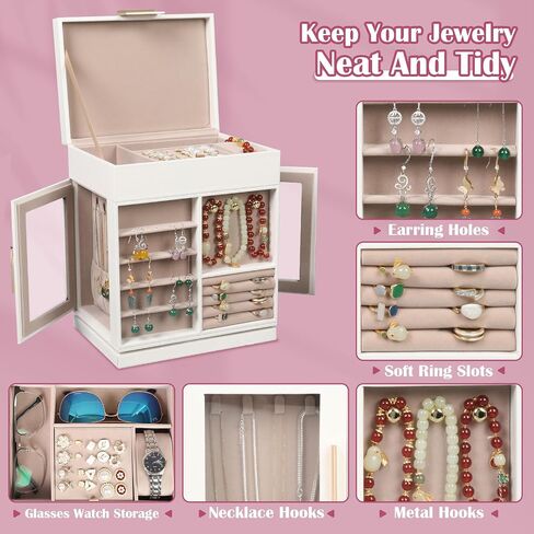 STYLIFING Large Jewelry Box 360°Rotating, Jewelry Organizer Box with 4 Drawers, Jewelry Boxes for Women, Jewelry Organizers and Storage with Glass Window for Necklace, Earrings, Rings Storage, Black in Saudi Arabia