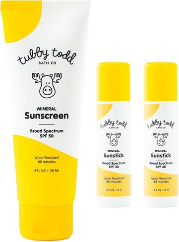 طقم واقي من الشمس للحماية المعدنية للوجه والجسم من Tubby Todd للأطفال والرضع والأطفال - حزمة الشمس - لوشن واقي من الشمس، ورذاذ واقي من الشمس وعصا شمس - حجم قياسي خالي من العطور in Kuwait