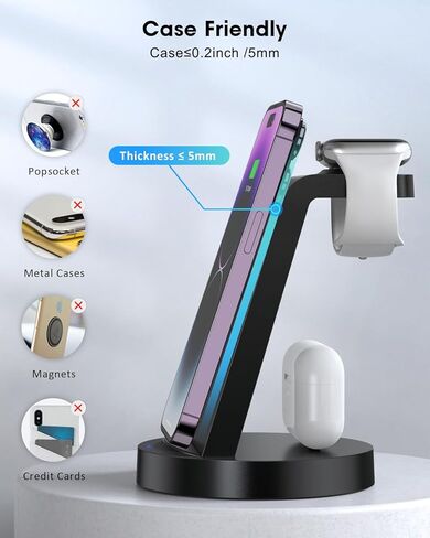 قاعدة شحن لاسلكية، شاحن لاسلكي 3 في 1 لهواتف iPhone 14/13/12/11/Pro/Max/SE/XS/XR/X/8 Plus/8، قاعدة شحن لاسلكية سريعة لسلسلة ساعات Apple وAirpods in Kuwait
