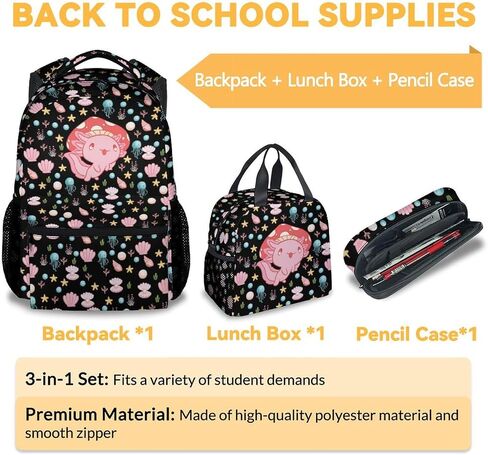 Mercuryelf Axolotl Backpack for Boys Girls, 16 Inch Black Backpacks for School Travel, Cute Lightweight Bookbag for Kids in Saudi Arabia