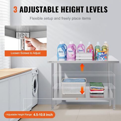 طاولة تحضير من الفولاذ المقاوم للصدأ VEVOR، مقاس 30 × 60 × 34 بوصة، سعة تحميل 910 رطل، طاولة عمل معدنية شديدة التحمل مع 3 مستويات ارتفاع قابلة للتعديل، محطة عمل تجارية للمطبخ، المرآب، المطعم، الفناء الخلفي in Kuwait