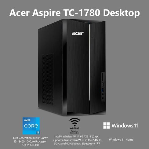 كمبيوتر مكتبي آيسر أسباير TC-1785-UA92 | معالج انتل كور i5-14400 10 كور | ذاكرة 8 جيجابايت DDR5-5600 | 512 جيجابايت PCIe 4.0 NVMe SSD | قارئ بطاقة SD | واي فاي 6E | ويندوز 11 هوم in Saudi Arabia