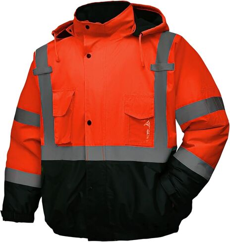 safety jacket for men, Reflective high Visibility Hooded jacket, Hi-Vis Bomber Jacket with Pockets and Zipper, waterproof, Black Bottom, ANSI/ISEA 107-2020 Type R Class 3,Lime in Saudi Arabia