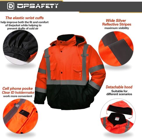 safety jacket for men, Reflective high Visibility Hooded jacket, Hi-Vis Bomber Jacket with Pockets and Zipper, waterproof, Black Bottom, ANSI/ISEA 107-2020 Type R Class 3,Lime in Saudi Arabia