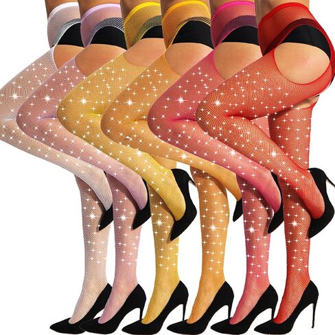 DancMolly 6 Pairs Sparkly Suspender Fishnet Pantyhose Shimmer High Waist Tights Sexy Rhinestone Leggings for Women, 18 Colors in Saudi Arabia