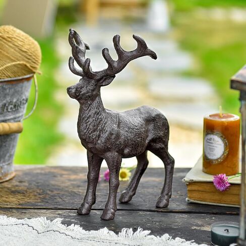 Sungmor Cast Iron Deer Statue, Christmas Reindeer Figurine, Rustic Brown Heavy Lying Elk Vintage Home Decor Sculpture, Indoor Outdoor Shelf Tabletop Holiday Decorations in Saudi Arabia