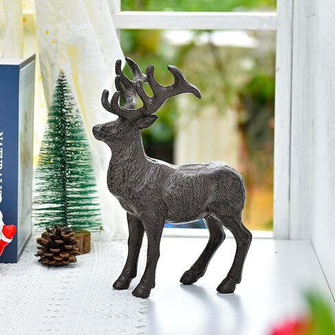 Sungmor Cast Iron Deer Statue, Christmas Reindeer Figurine, Rustic Brown Heavy Lying Elk Vintage Home Decor Sculpture, Indoor Outdoor Shelf Tabletop Holiday Decorations in Saudi Arabia