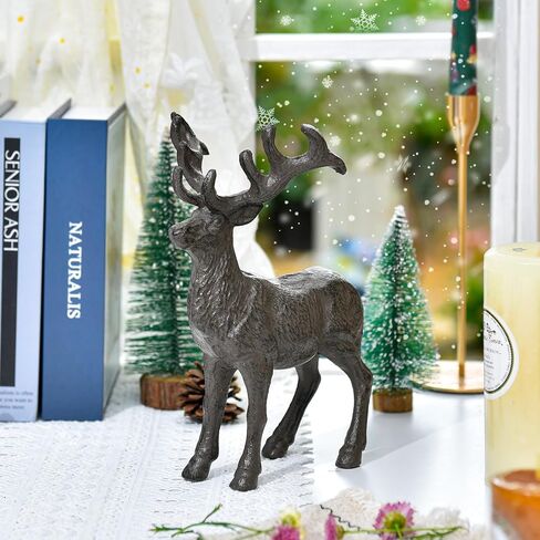 Sungmor Cast Iron Deer Statue, Christmas Reindeer Figurine, Rustic Brown Heavy Lying Elk Vintage Home Decor Sculpture, Indoor Outdoor Shelf Tabletop Holiday Decorations in Saudi Arabia