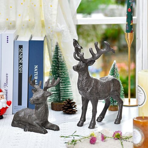 Sungmor Cast Iron Deer Statue, Christmas Reindeer Figurine, Rustic Brown Heavy Lying Elk Vintage Home Decor Sculpture, Indoor Outdoor Shelf Tabletop Holiday Decorations in Saudi Arabia