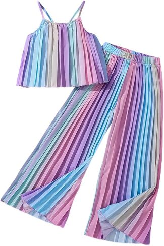 Hilinker Girls Rainbow Pleated Cami Top and Wide Leg Pants Set Cute 2 Piece Summer Outfits in Saudi Arabia