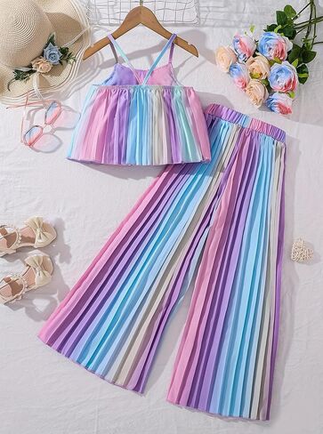 Hilinker Girls Rainbow Pleated Cami Top and Wide Leg Pants Set Cute 2 Piece Summer Outfits in Saudi Arabia