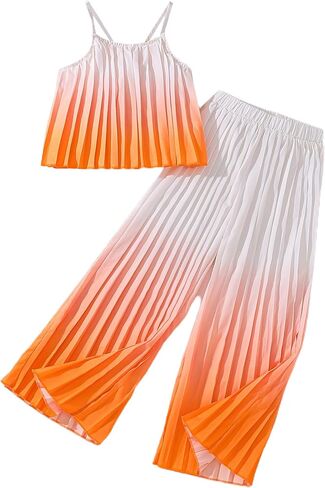 Hilinker Girls Rainbow Pleated Cami Top and Wide Leg Pants Set Cute 2 Piece Summer Outfits in Saudi Arabia