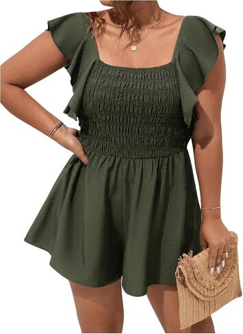 SOLY HUX Women's Plus Size Summer Casual Rompers Square Neck Ruffle Sleeve Short Jumpsuit Flowy Beach Outfits in Saudi Arabia