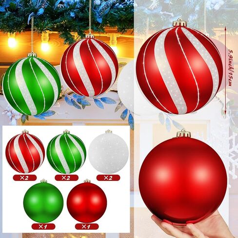 Wettarn Set of 8 Large Christmas Ball Ornaments 6 Inch Glitter Hanging Christmas Plastic Balls Indoor and Outdoor Hanging Christmas Tree Decorations for Lawn Yard Garden Party (Elf Style) in Kuwait