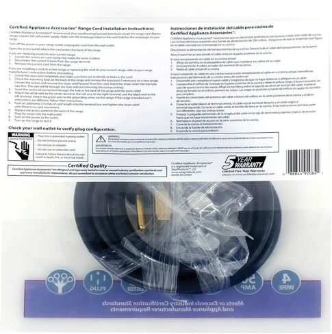 Certified Appliance Accessories 50-Amp Appliance Power Cord, 4 Prong Range Cord, 4 Wires with Eyelet Connectors, 10 Feet, Copper Wire in Kuwait