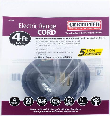 Certified Appliance Accessories 50-Amp Appliance Power Cord, 4 Prong Range Cord, 4 Wires with Eyelet Connectors, 10 Feet, Copper Wire in Kuwait