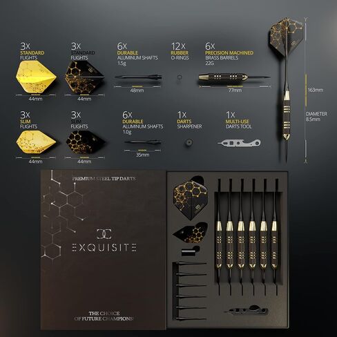 Professional Steel Tip Darts Set - 6 x 22g Brass Barrels with 12 Flights Standard/Slim, 12 Aluminum Shafts 35/48mm, 12 O-Rings, Dart Tool (‎Black - Luminary 18g/22) in Saudi Arabia