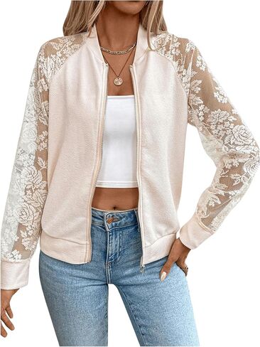 Verdusa Women's Contrast Lace Zip Up Bomber Jacket Raglan Long Sleeve Outerwear in Saudi Arabia
