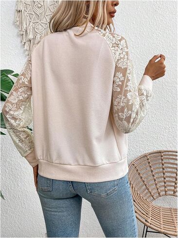 Verdusa Women's Contrast Lace Zip Up Bomber Jacket Raglan Long Sleeve Outerwear in Saudi Arabia