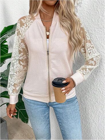 Verdusa Women's Contrast Lace Zip Up Bomber Jacket Raglan Long Sleeve Outerwear in Saudi Arabia