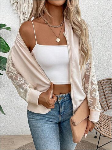 Verdusa Women's Contrast Lace Zip Up Bomber Jacket Raglan Long Sleeve Outerwear in Saudi Arabia