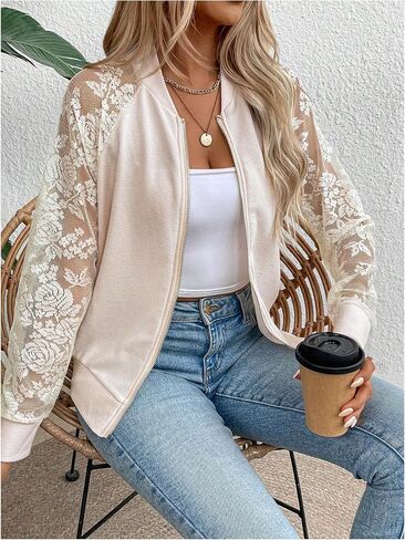 Verdusa Women's Contrast Lace Zip Up Bomber Jacket Raglan Long Sleeve Outerwear in Saudi Arabia