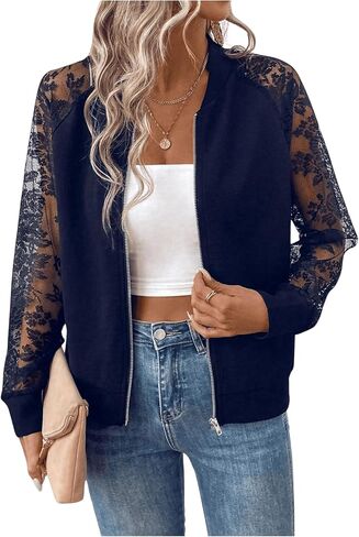 Verdusa Women's Contrast Lace Zip Up Bomber Jacket Raglan Long Sleeve Outerwear in Saudi Arabia