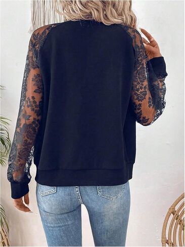 Verdusa Women's Contrast Lace Zip Up Bomber Jacket Raglan Long Sleeve Outerwear in Saudi Arabia