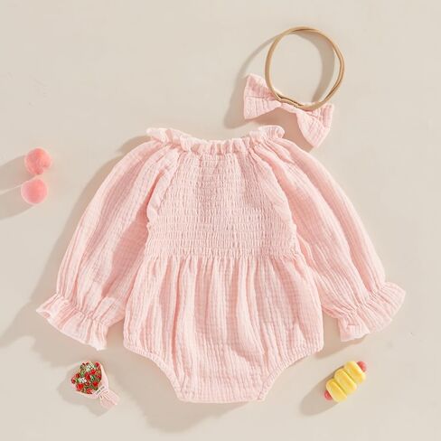 Newborn Infant Baby Girl Winter Clothes Long Sleeve Plaid Romper Smocked Bodysuit with Headband Infant Fall Clothes in Kuwait