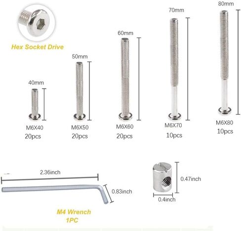 56pcs Baby Bed Crib Screws Hardware Replacement Kit- M6x40mm/ 50mm/ 60mm/ 70mm/ 80mm Hex Drive Socket Cap Screws Barrel Nuts Assortment Kit for Beds Headboards Chairs Furniture. in Kuwait