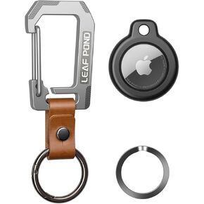Keychain & AirTag Holder, Heavy Duty Utility Men's Key Chain & Leather Strap, Titanium Plating Stainless Steel Car Key Ring Keeper, EDC Carabiner Keyring Organizer, Key Clip for Pants