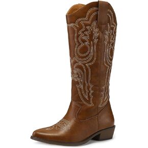 mysoft Women's Cowboy Boots Mid Calf Cowgirl Boots Embroidered Western Pointed Toe Chunky Heel Pull On Knee High Boots