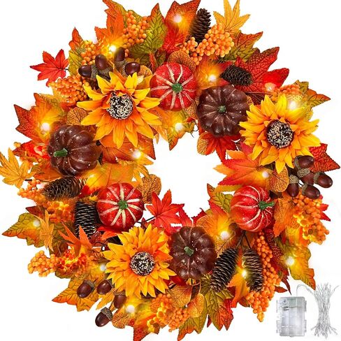 24 Inch Fall Wreath with Lights, Fall Farmhouse Wreath with Berry,Daisies and Pumpkins, Autumn Wreaths for Front Door Outdoor Window Indoor Thanksgiving Halloween Decor in Saudi Arabia