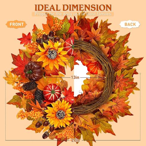 24 Inch Fall Wreath with Lights, Fall Farmhouse Wreath with Berry,Daisies and Pumpkins, Autumn Wreaths for Front Door Outdoor Window Indoor Thanksgiving Halloween Decor in Saudi Arabia