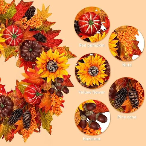 24 Inch Fall Wreath with Lights, Fall Farmhouse Wreath with Berry,Daisies and Pumpkins, Autumn Wreaths for Front Door Outdoor Window Indoor Thanksgiving Halloween Decor in Saudi Arabia