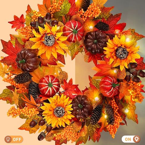 24 Inch Fall Wreath with Lights, Fall Farmhouse Wreath with Berry,Daisies and Pumpkins, Autumn Wreaths for Front Door Outdoor Window Indoor Thanksgiving Halloween Decor in Saudi Arabia