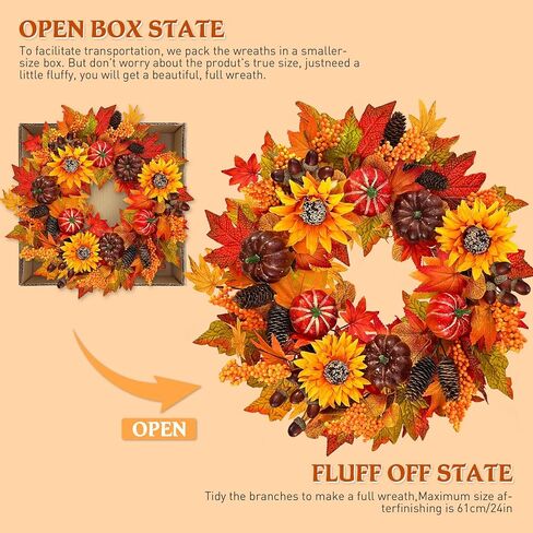 24 Inch Fall Wreath with Lights, Fall Farmhouse Wreath with Berry,Daisies and Pumpkins, Autumn Wreaths for Front Door Outdoor Window Indoor Thanksgiving Halloween Decor in Saudi Arabia