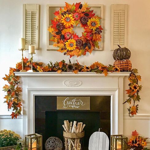24 Inch Fall Wreath with Lights, Fall Farmhouse Wreath with Berry,Daisies and Pumpkins, Autumn Wreaths for Front Door Outdoor Window Indoor Thanksgiving Halloween Decor in Saudi Arabia
