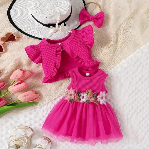 IDOPIP Baby Girls Tutu Dress Cardigan Headband 3 Pieces Elegant Embroidery Outfit Princess Baptism Ball Gown Pageant Dress in Saudi Arabia
