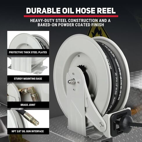 Dual Arm Oil Hose Reel Retractable 1/2" Inch x 50' Premium SAE100R1AT Commercial Hose Max 2300 PSI Industrial Steel Construction Air Compressor Hose Reel in Saudi Arabia