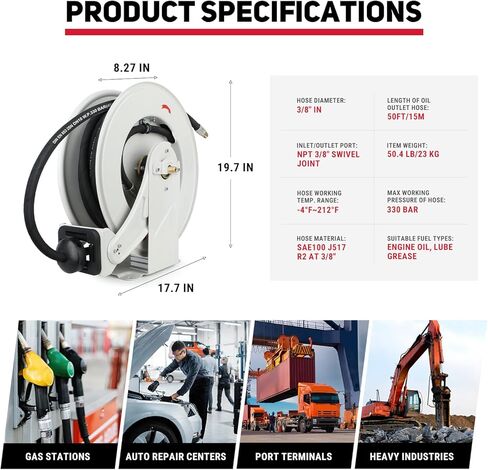 Dual Arm Oil Hose Reel Retractable 1/2" Inch x 50' Premium SAE100R1AT Commercial Hose Max 2300 PSI Industrial Steel Construction Air Compressor Hose Reel in Saudi Arabia