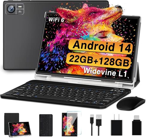 جهاز لوحي Android 14 مقاس 10.1 بوصة، ذاكرة وصول عشوائي 22 جيجابايت، ذاكرة تخزين داخلية 128 جيجابايت، سعة 1 تيرابايت، جهاز لوحي ثماني النواة مع حافظة ماوس لوحة المفاتيح، Widevine L1، شاشة لمس HD 1280x800 IPS HD، بطارية 8000 مللي أمبير في الساعة، كمبيوتر لو in Saudi Arabia
