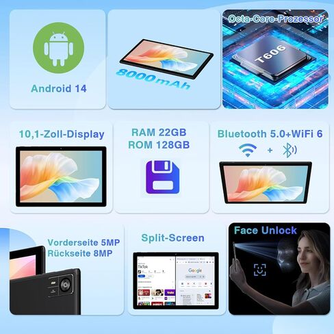 جهاز لوحي Android 14 مقاس 10.1 بوصة، ذاكرة وصول عشوائي 22 جيجابايت، ذاكرة تخزين داخلية 128 جيجابايت، سعة 1 تيرابايت، جهاز لوحي ثماني النواة مع حافظة ماوس لوحة المفاتيح، Widevine L1، شاشة لمس HD 1280x800 IPS HD، بطارية 8000 مللي أمبير في الساعة، كمبيوتر لو in Saudi Arabia