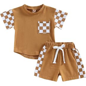 Baby Boy Girl Summer Outfits Checkerboard Short Sleeve T-Shirt Elastic Waist Shorts Set Toddler Checkered Outfit