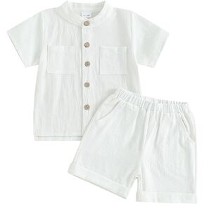 Lesimsam Toddler Baby Boy Summer Clothes Cotton Linen Outfit Solid Button Up Short Sleeve Side Slit Shirts Top Shorts Set