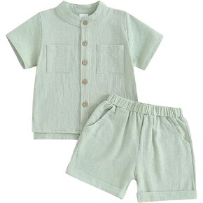 Lesimsam Toddler Baby Boy Summer Clothes Cotton Linen Outfit Solid Button Up Short Sleeve Side Slit Shirts Top Shorts Set